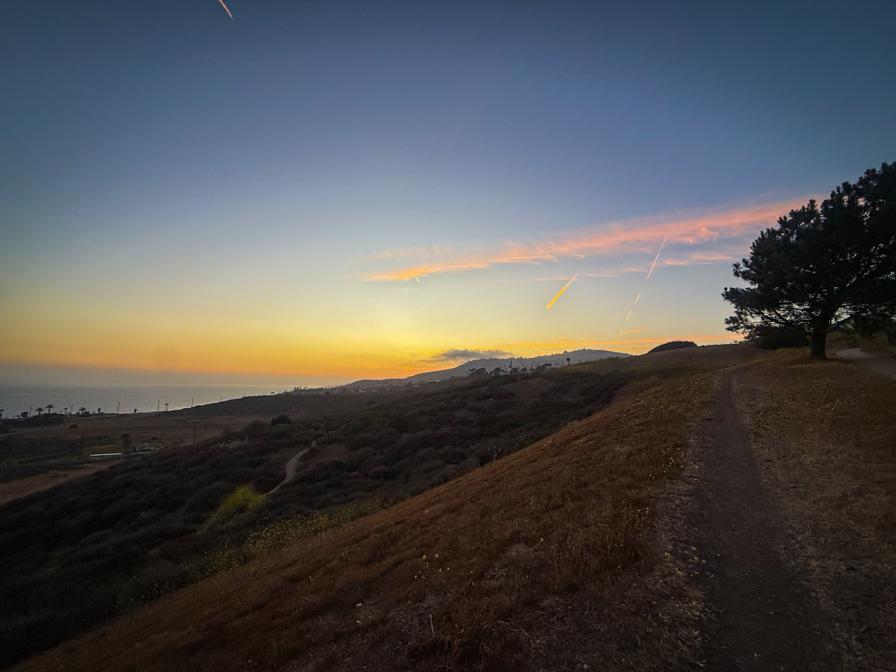 A scenic landscape at sunset features a dirt path, a lone tree, rolling hills, and a glowing horizon with streaks of clouds and contrails.